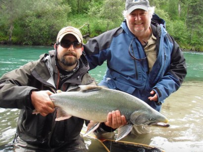 JR Richardson (right) poses with friend and guide, Dorian Thompson while fishing  for Char on the Copper River in Alaska.