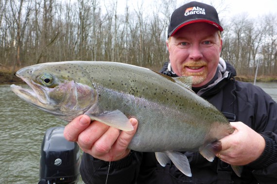 Miles Hanley, a Kalamazoo angler, holds up a handsome steelhead he landed on the Kalamazoo River. Photo: Howard Meyerson