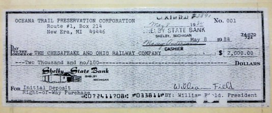 Bill Field's original check as a down payment for the trail, part of the historic collection at the Shelby Library.