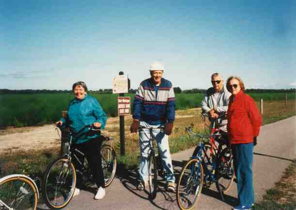 Bill Field rode the trail regulrly with family and friends. Pictured on an early morning ride to Mears are (left to right) Marlene Schihl, Bill Field, Bob Field (brother) and Bob' wife Emma. Photo courtesy of Marjorie Peterson.