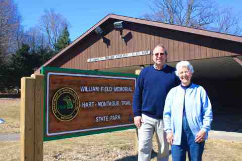 Bill Field's son, Ross Field, and sister, Marjorie Peterson at the staging area in downtown Shelby. Photo courtesy of Michigan Trails Magazine.
