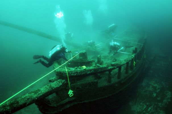 Divers survey the wreck of the schooner Northerner, which sank off Port Washington, Wis. in 1868. The National Oceanic & Atmospheric Administration is considering 875-square-mile of Lake Michigan off the Wisconsin coast for designation as a National Marine Sanctuary. Photo courtesy of Wisconsin Historical Society, Maritime Preservation and Archaeology Program.